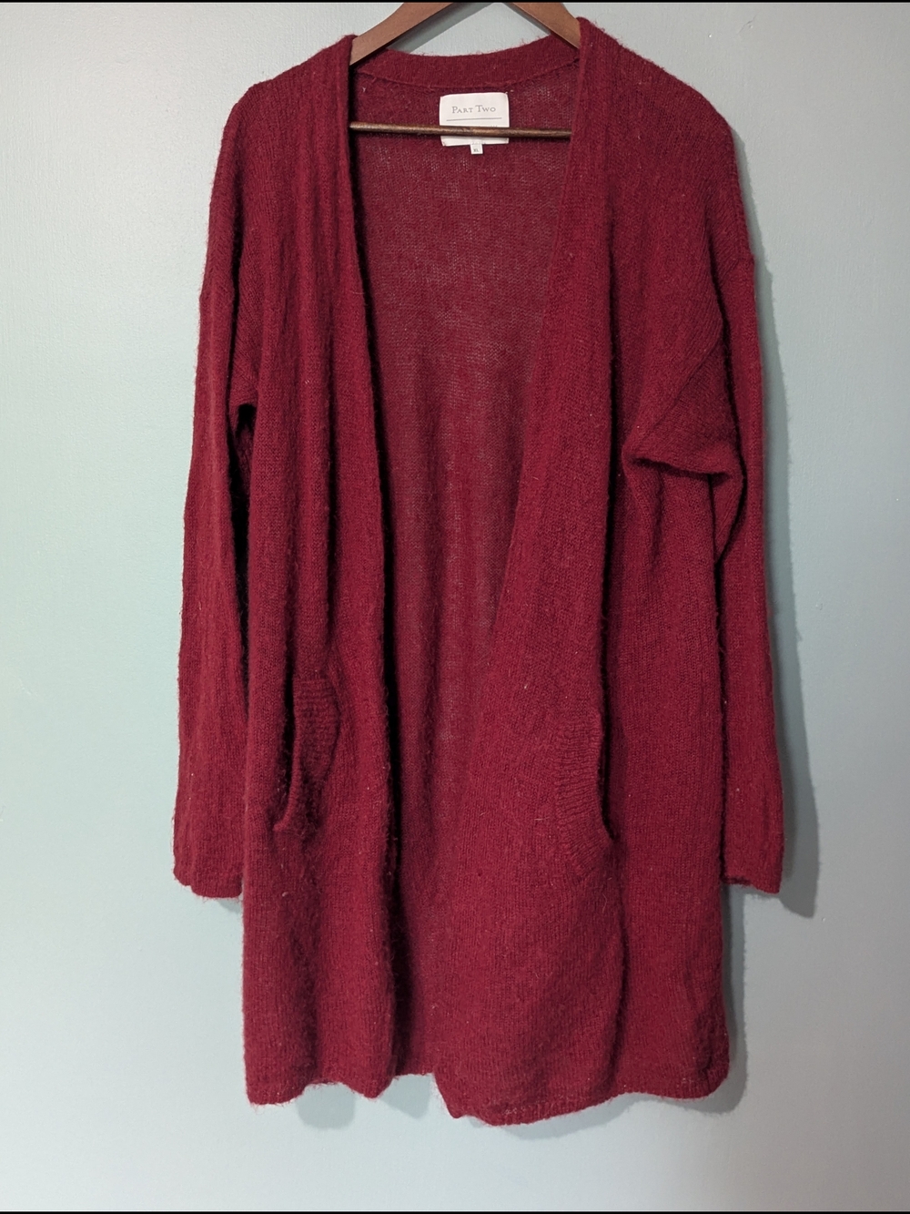 Part Two Women's Burgundy Open-Front Wool Blend Cardigan Sweater Dark Academia